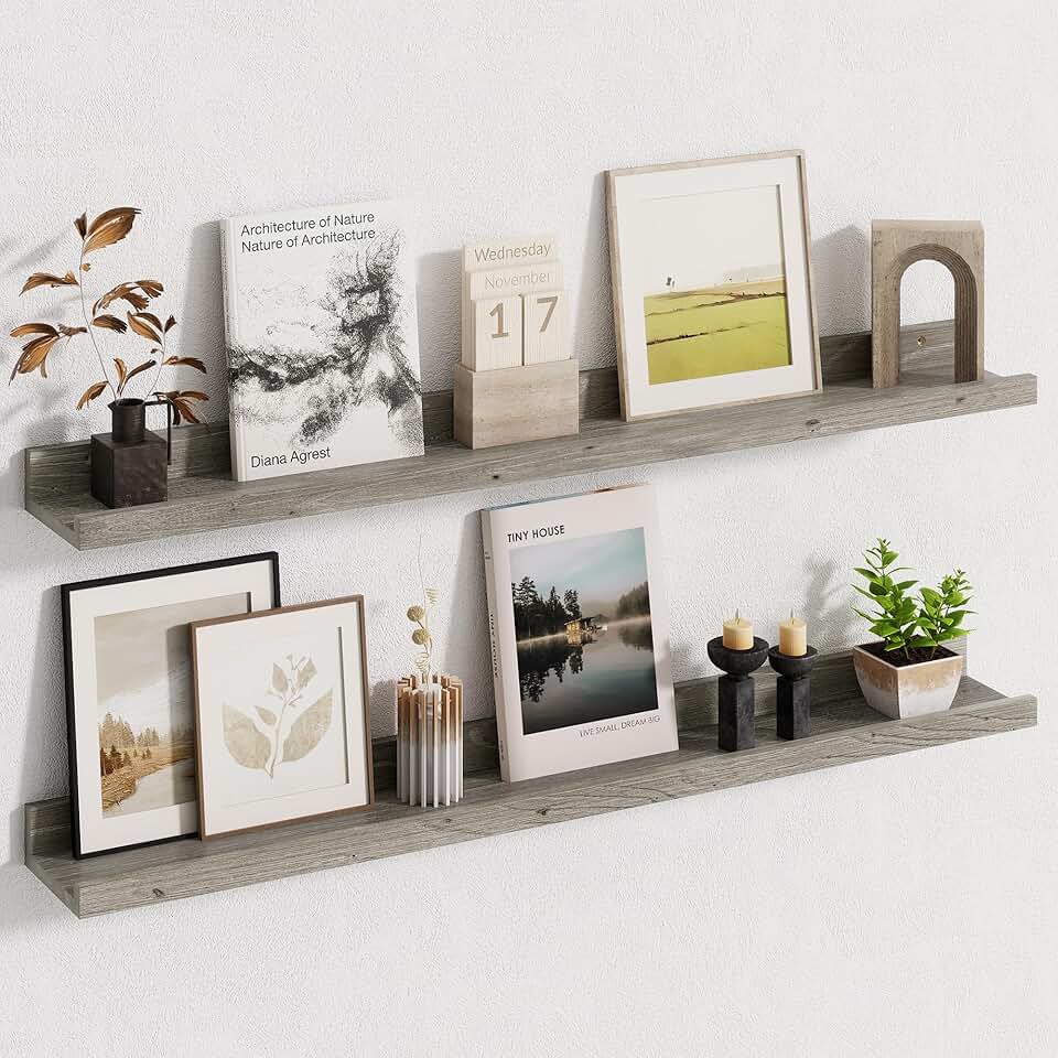 Set of 2 36-Inch Rustic Elm Wood Wall Shelves