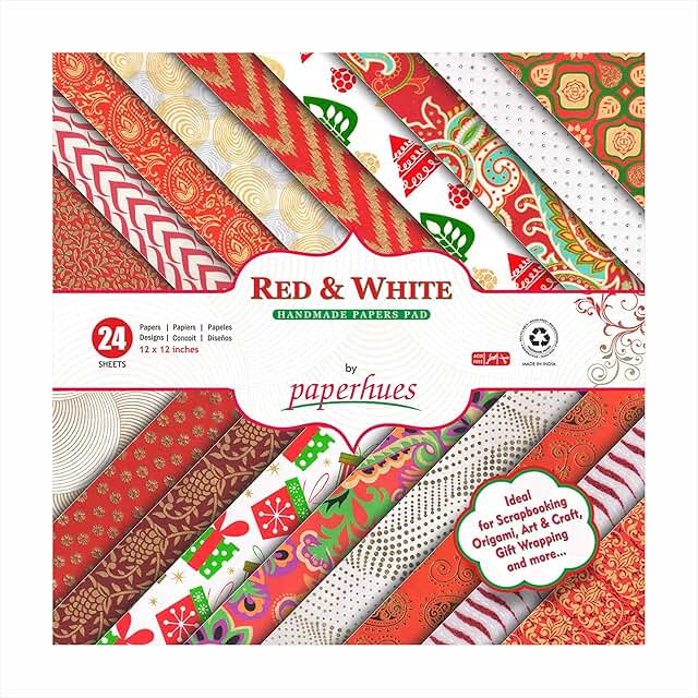 Red and white handmade scrapbook papers, 12x12 inches, 24 sheets
