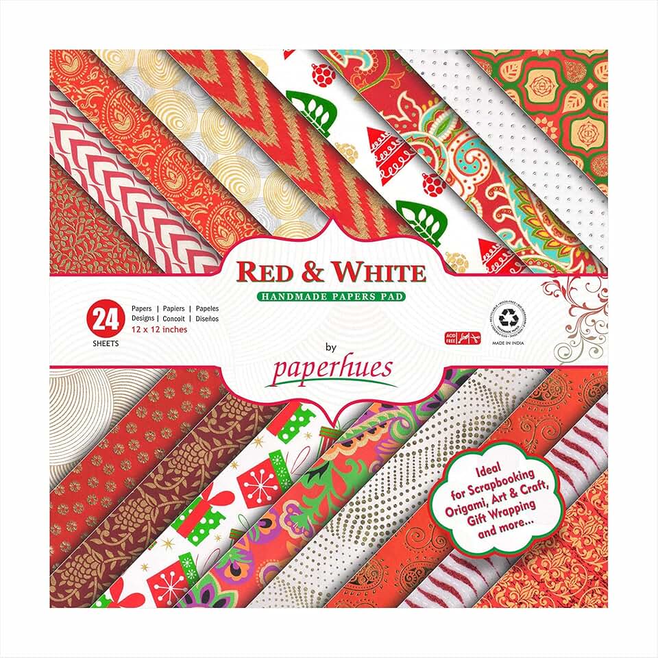 Red and white handmade scrapbook papers, 12x12 inches, 24 sheets
