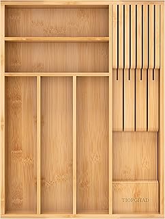 Expandable bamboo silverware drawer organizer with knife block