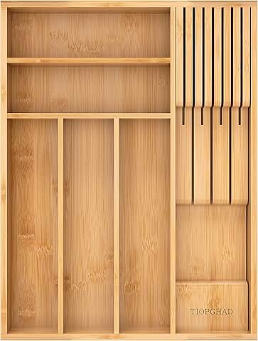 Expandable bamboo silverware drawer organizer with knife block