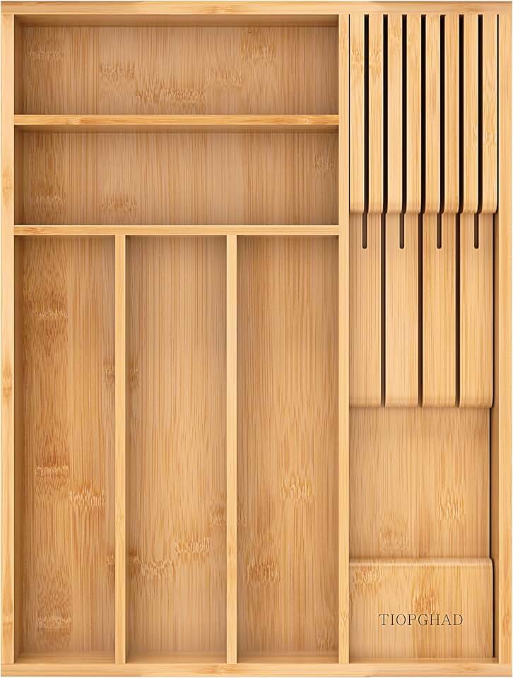 Expandable bamboo silverware drawer organizer with knife block