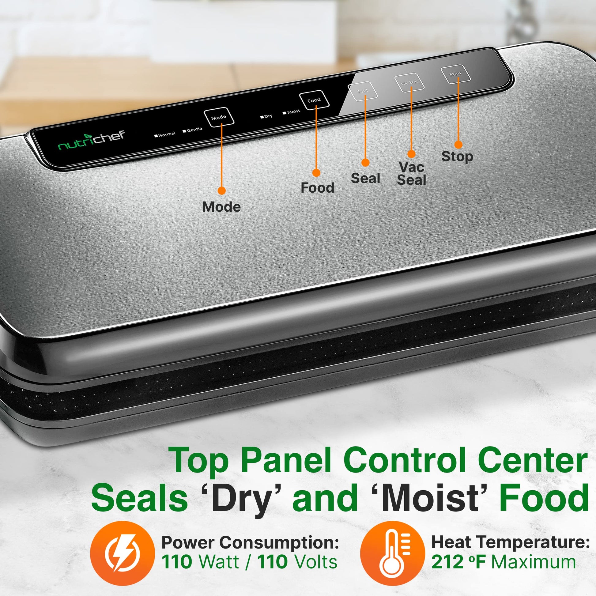 PKVS Sealer  Automatic Vacuum Air Sealing System Preservation w/Starter Kit  Compact Design  Lab Tested  Dry  Moist Food Modes  Led Indicator Lights, 12", Stainless Steel