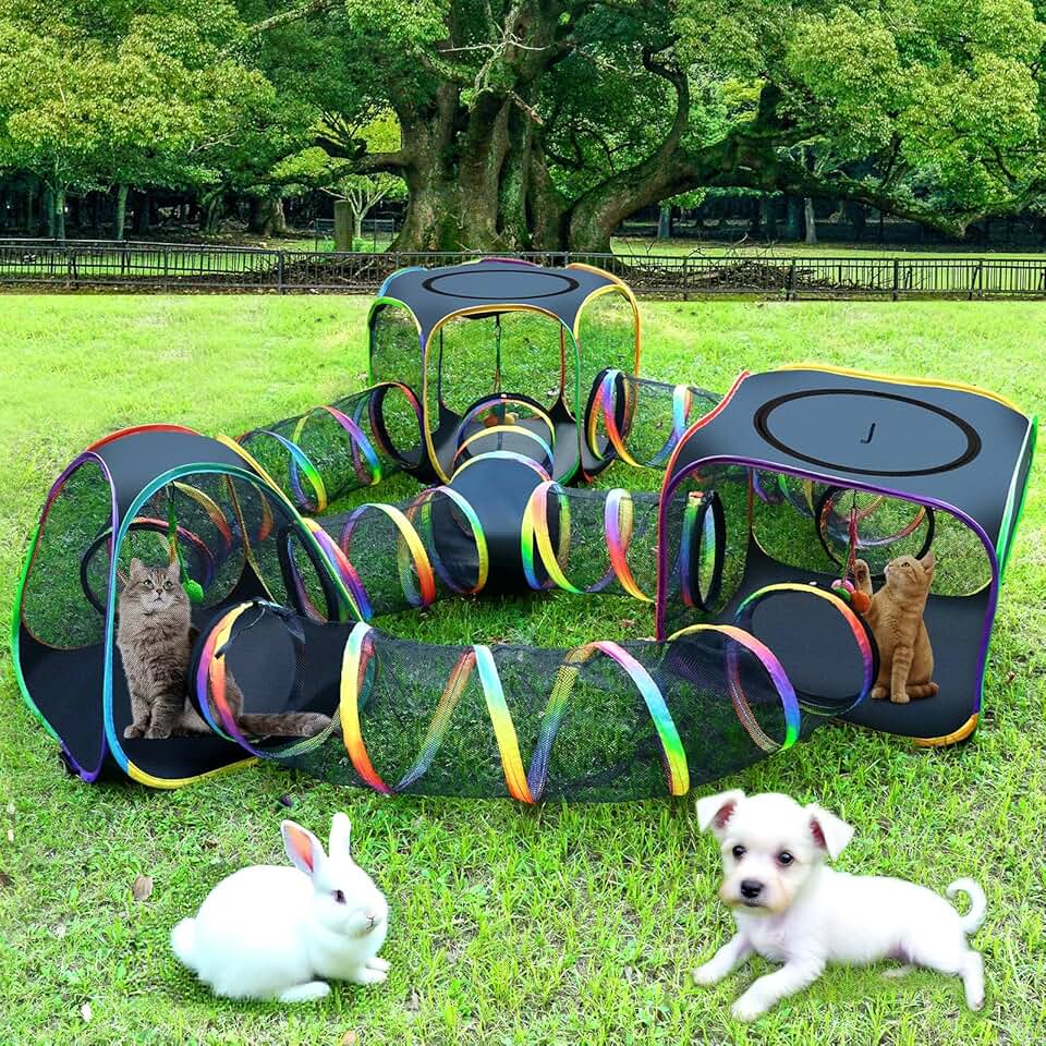 Outdoor Rainbow Cat Enclosure with 7-in-1 Portable Tents