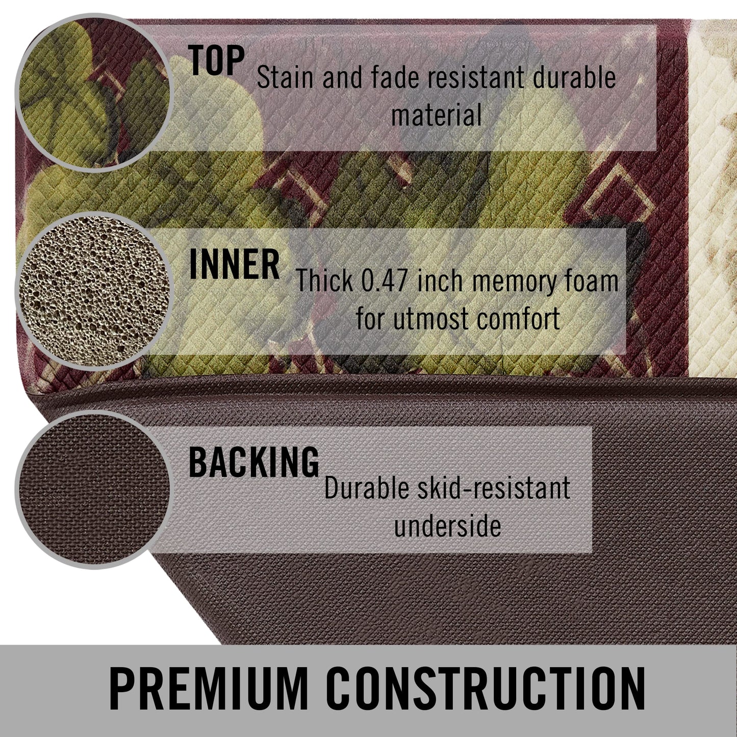 Wine Novelty Anti-Fatigue Kitchen Mat, Cooking & Standing Relief, Memory Foam & Skid-Resistant, Set of 2-17.5 x 48/17.5 x 28, Brown Red