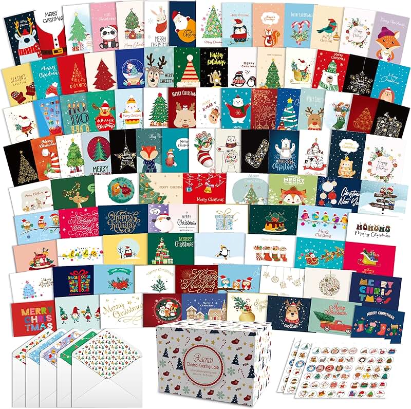 100 Christmas Cards with Envelopes, 5x7 Inch Greeting Set