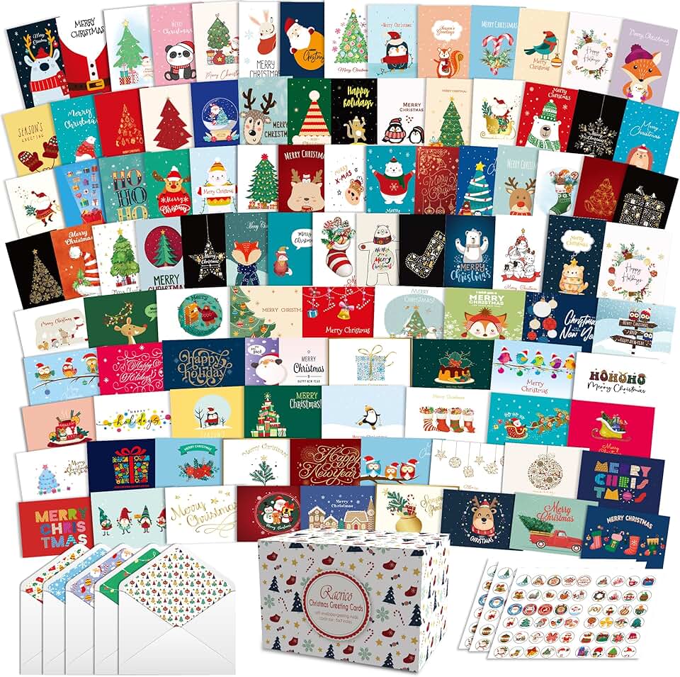 100 Christmas Cards with Envelopes, 5x7 Inch Greeting Set