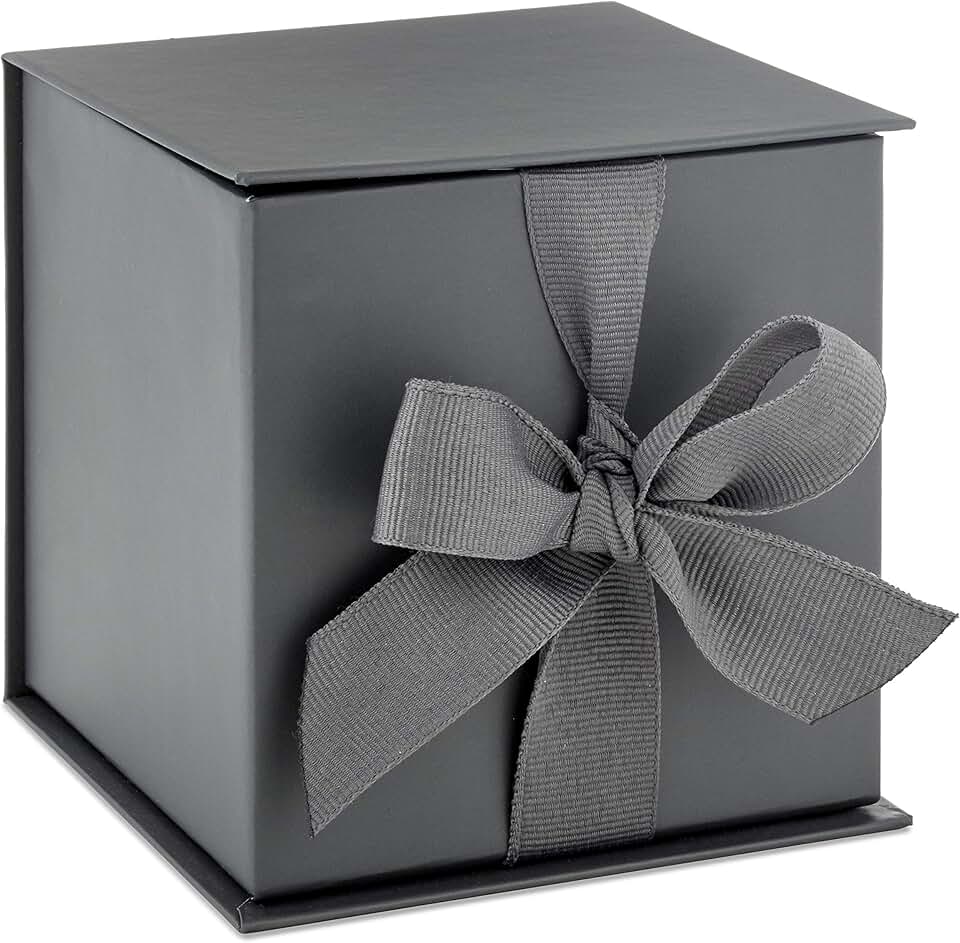 Small Gray Gift Box with Bow and Shredded Paper