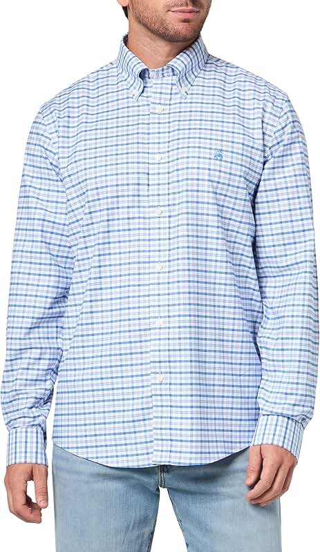 Blue check non-iron cotton polo shirt