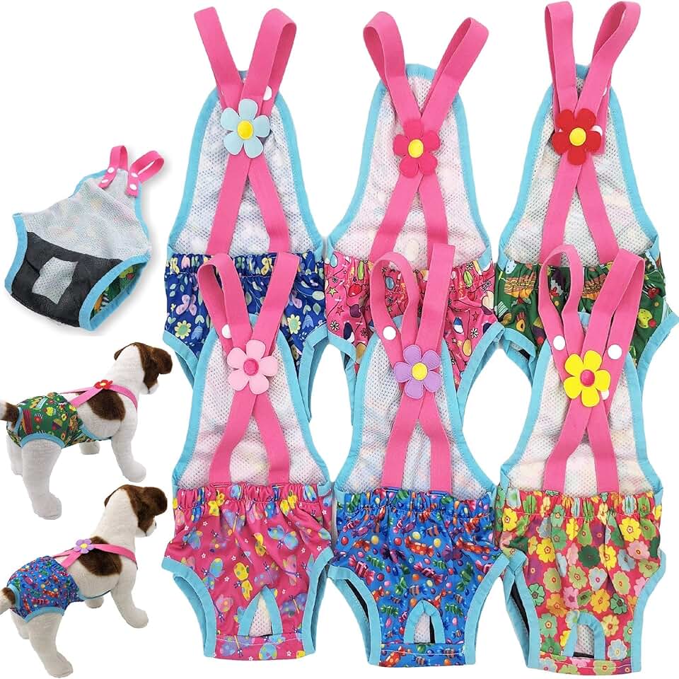 Pack of 6 Washable Female Dog Diapers with Suspenders