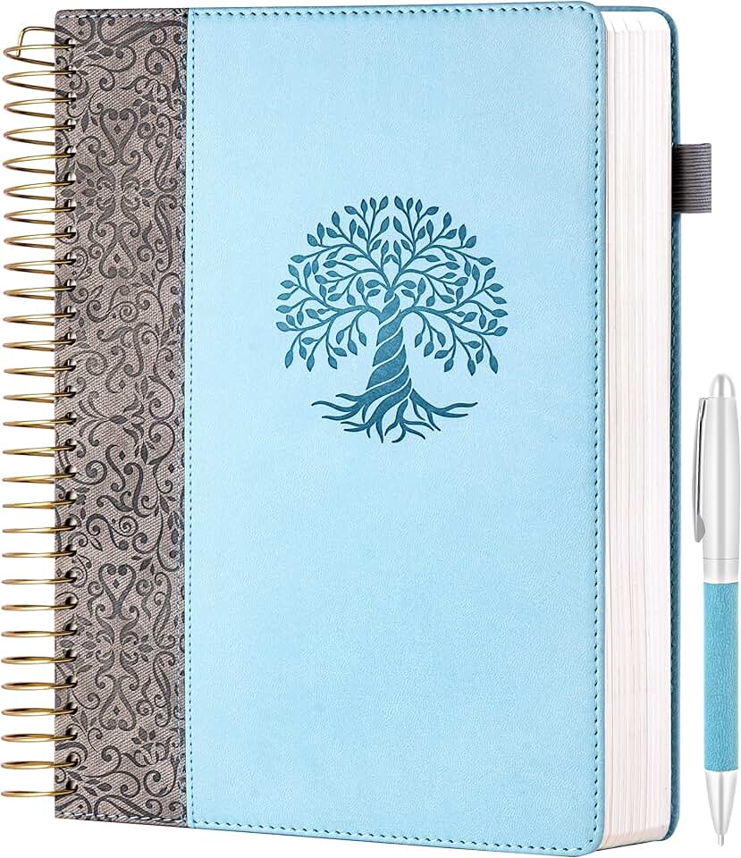 Blue Hardcover Spiral Notebook with Tabs and Pockets