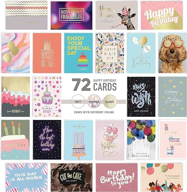 Set of 72 birthday cards with envelopes and stickers