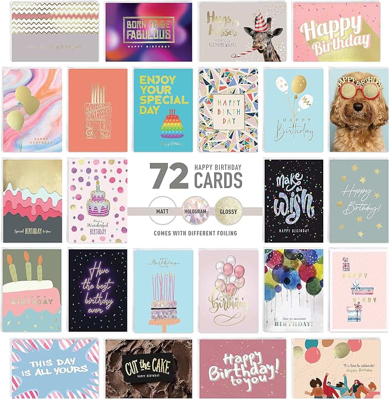 Set of 72 birthday cards with envelopes and stickers