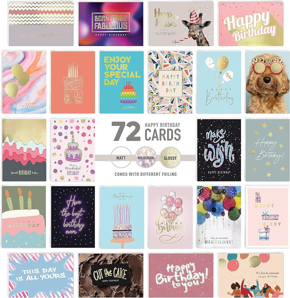 Set of 72 birthday cards with envelopes and stickers