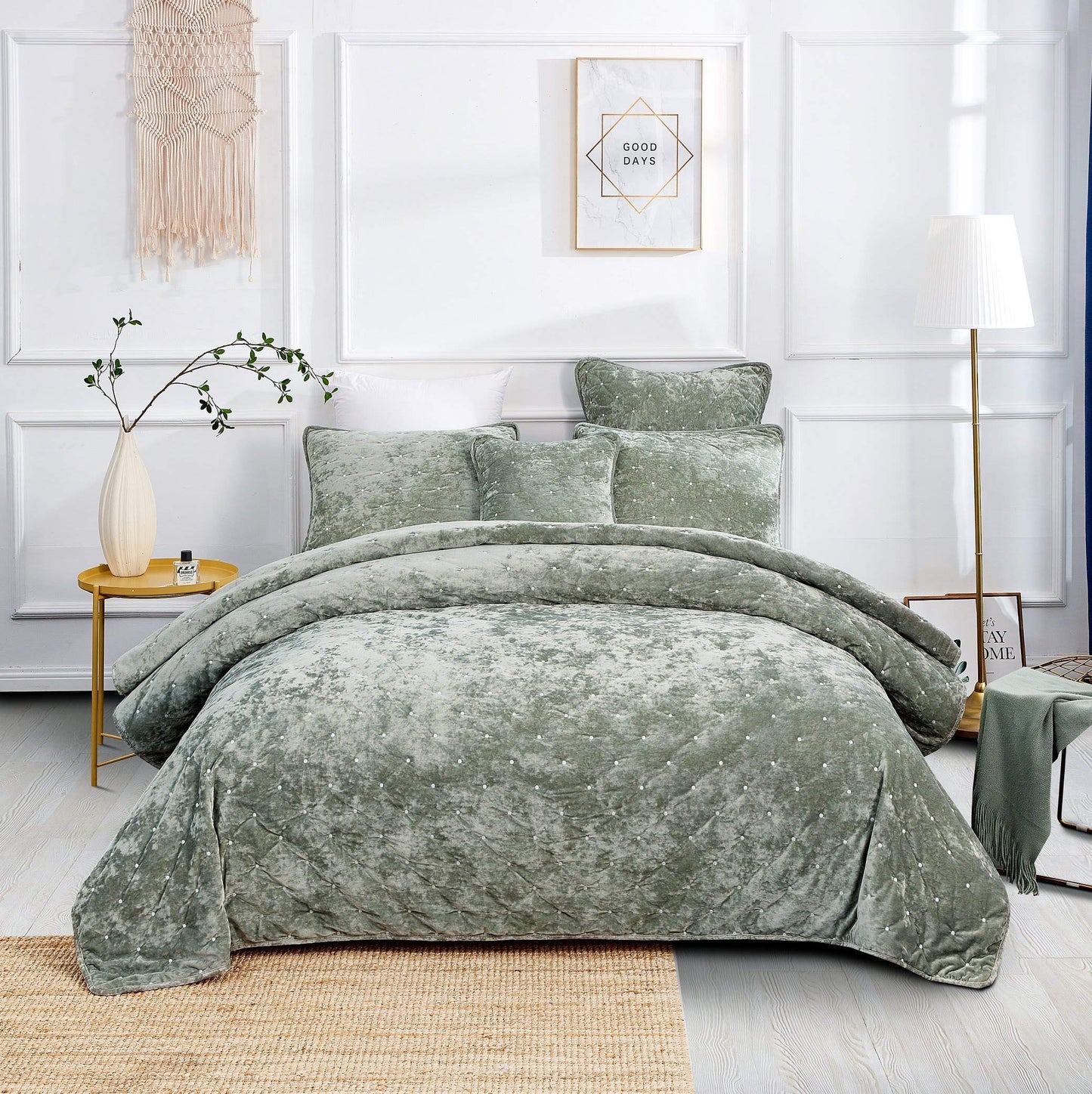 Velvet Dreams Luxurious Velveteen Velour Super Soft Plush Warm Cozy Diamond Tufted Polka Dot Quilted Coverlet Light Pastel Green Bedspread Set, California King