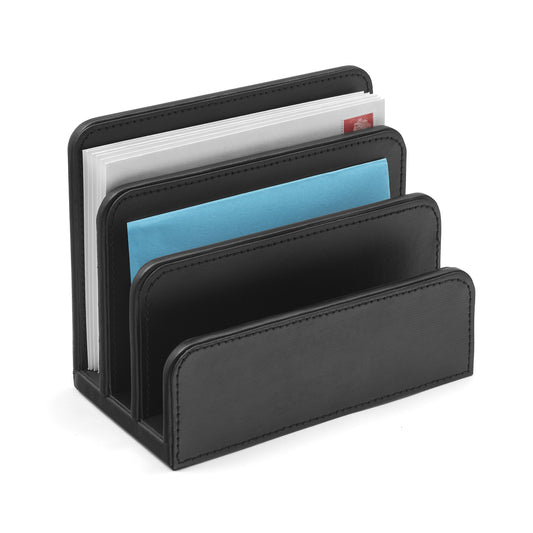 Black leather letter holder for desk storage