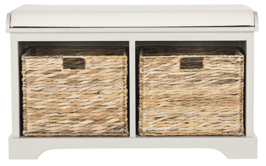 Home Freddy Vintage Grey  Wicker Basket 2-Dr er Storage Bench with Cushion Fully Assembled)