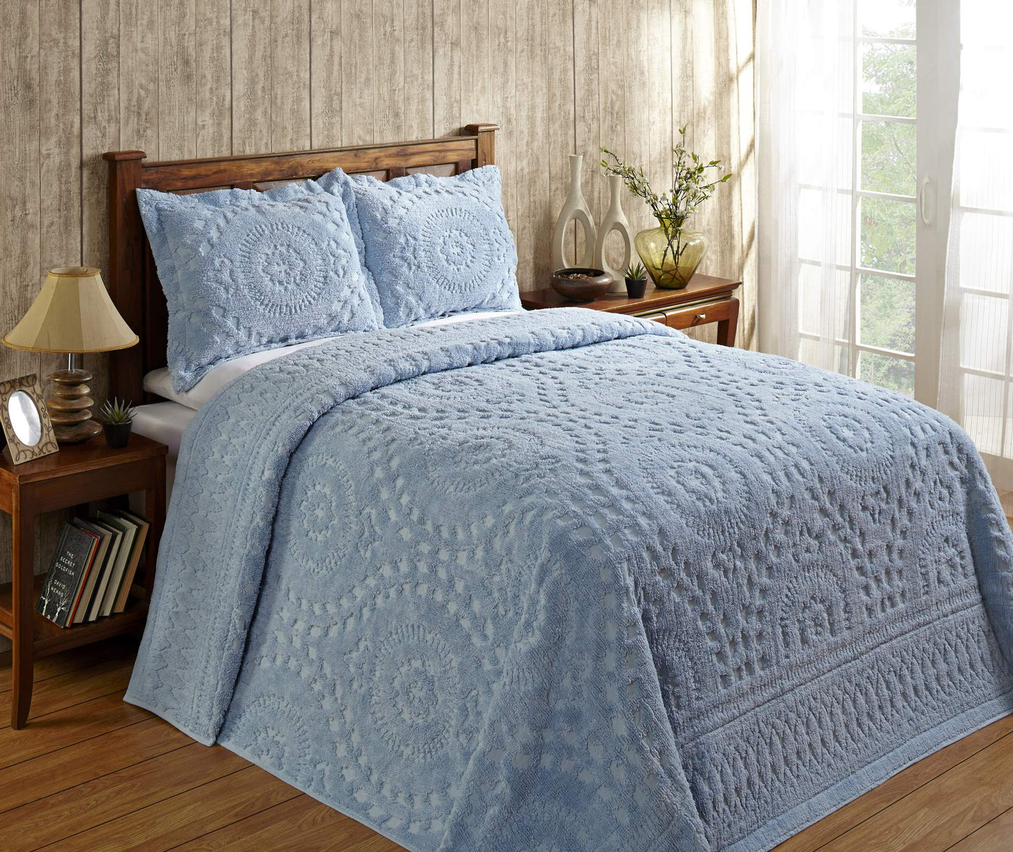 Rio  Bed Linen Set with Chenille Bedspread and Pillow Sham, Soft Cotton Floral Bedding, Light Blue, King Size