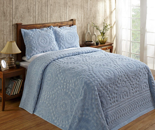 Rio  Bed Linen Set with Chenille Bedspread and Pillow Sham, Soft Cotton Floral Bedding, Light Blue, King Size