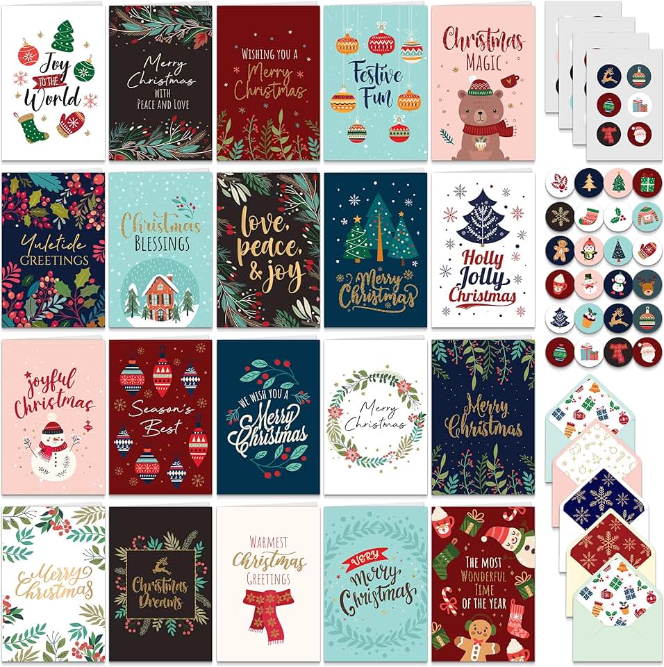 Set of 100 Glittery Christmas Cards with Envelopes and Stickers