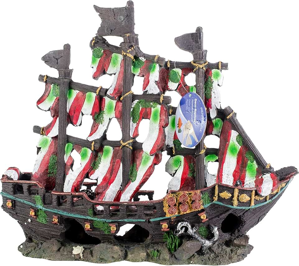 Striped Sail Shipwreck Aquarium Decoration, Medium