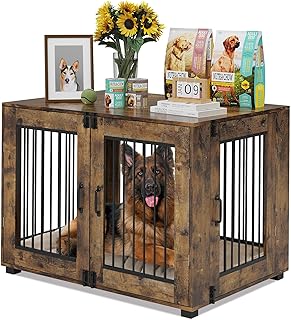 23.6-inch Rustic Wooden Dog Crate with Double Doors and Cushion