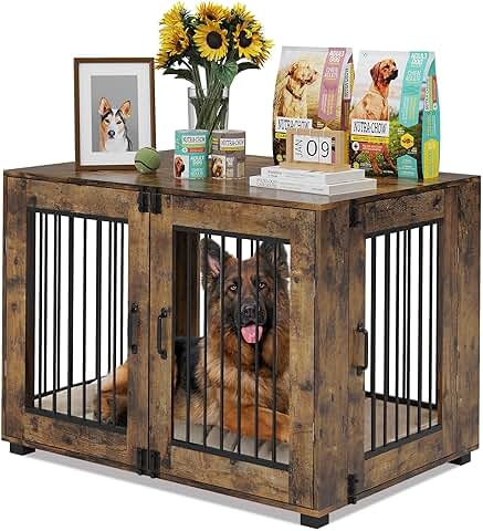 23.6-inch Rustic Wooden Dog Crate with Double Doors and Cushion