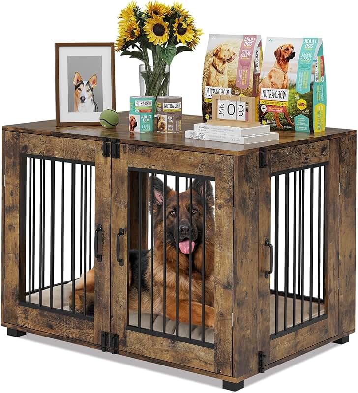 23.6-inch Rustic Wooden Dog Crate with Double Doors and Cushion