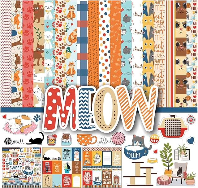 Double-sided cat-themed scrapbook paper pack, 16 pages