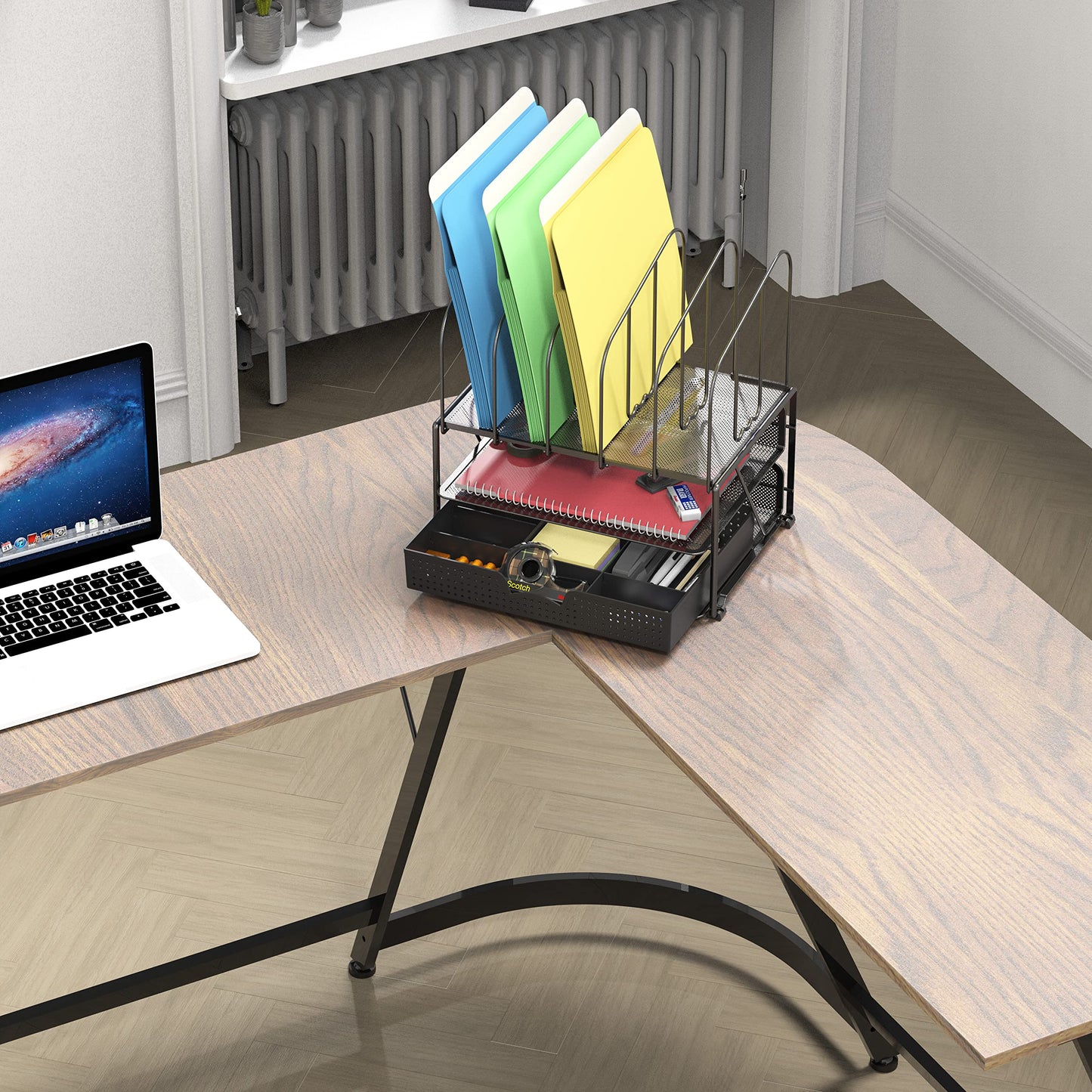 Mesh desk organizer with double tray and sliding drawer