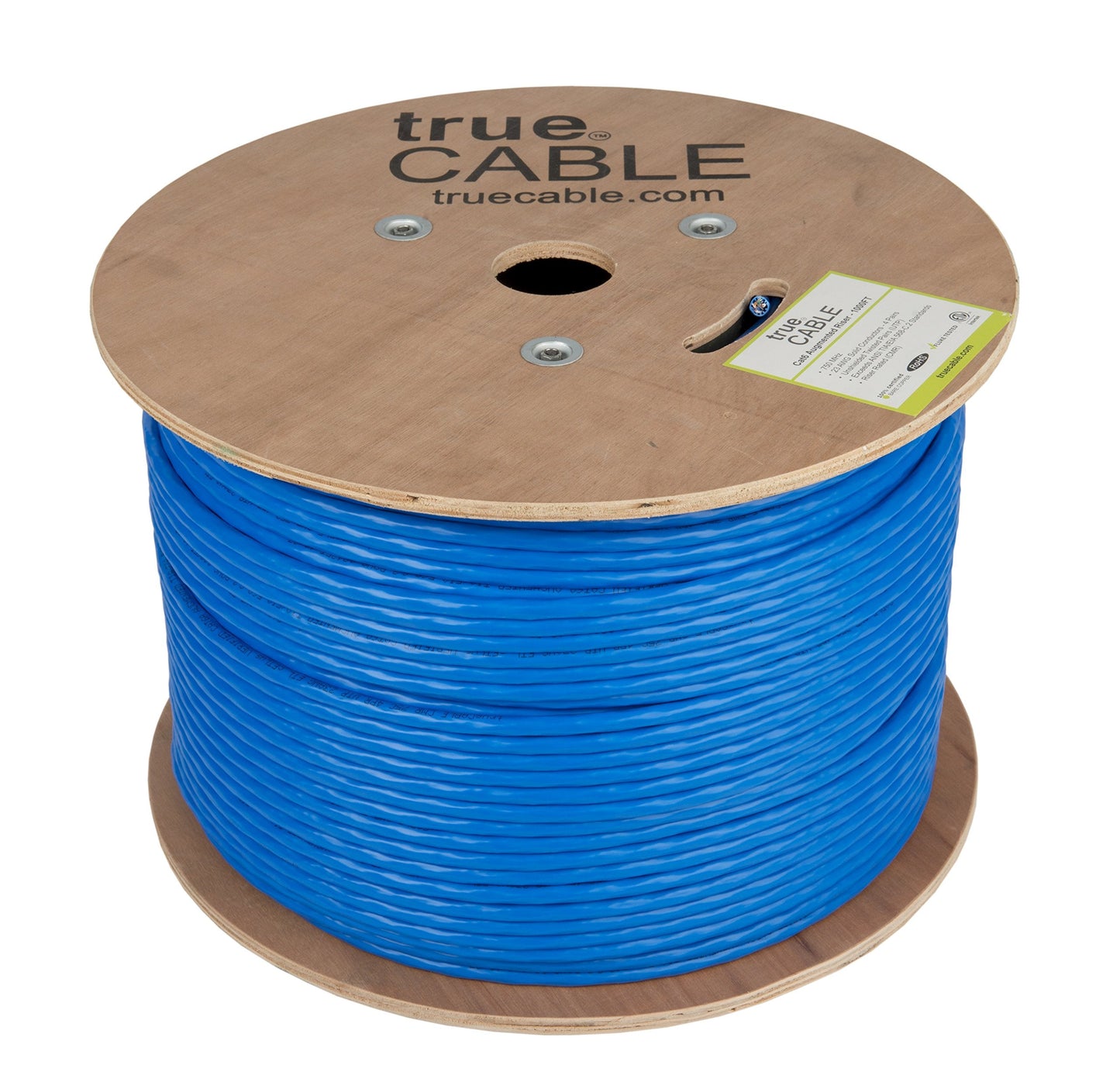 trueCABLE Cat6A Riser (CMR), 1000ft, Blue, 23AWG 4 Pair Solid Bare Copper, 750MHz, PoE++ (4PPoE), ETL Listed, Unshielded Twisted Pair (UTP), Bulk Ethernet
