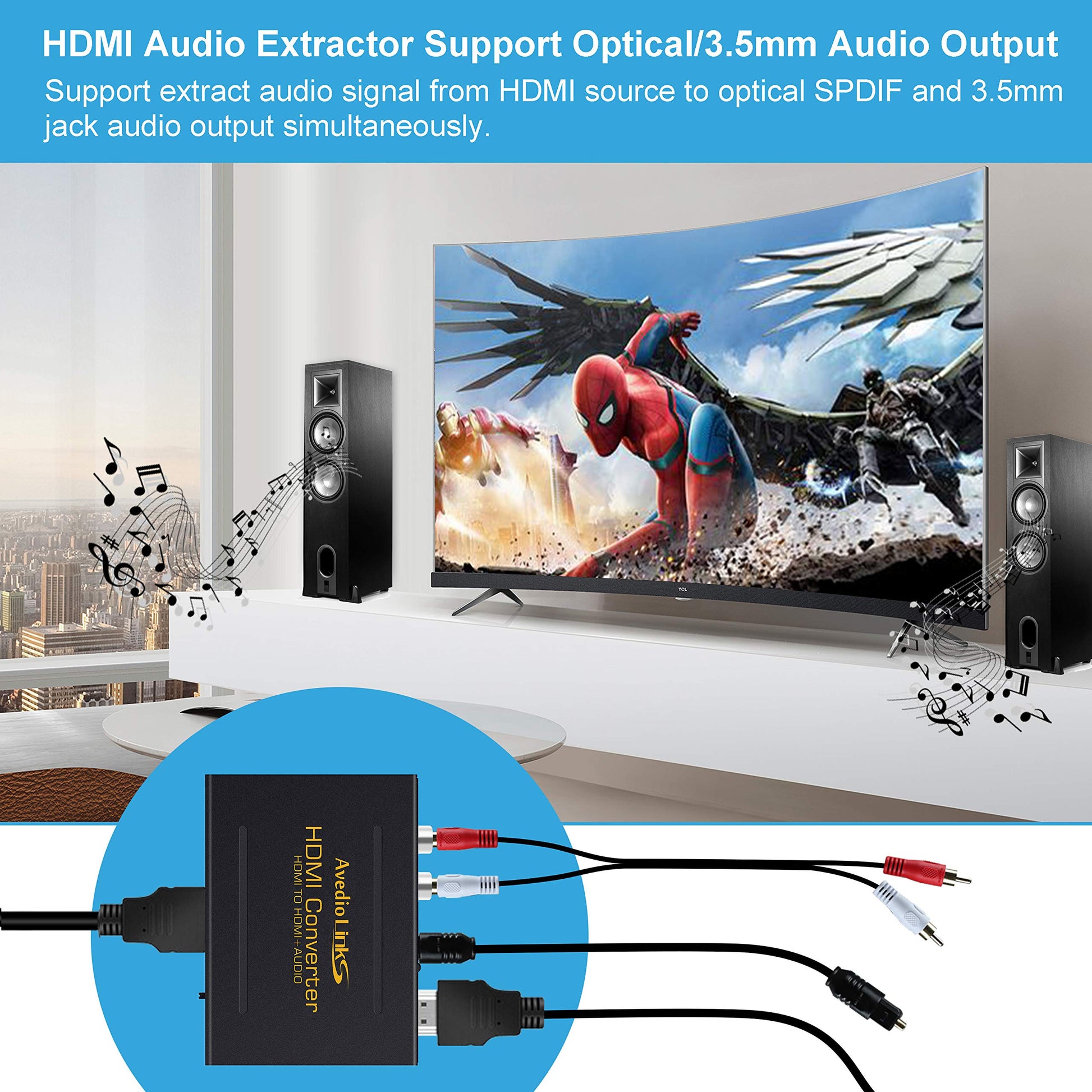 4K HDMI Audio Extractor Splitter, 1080P HDMI to HDMI Audio Converter + Optical Toslink SPDIF + RCA L/R Stereo Analog Audio, HDMI Audio Adapter for Stick, Blu-Ray Player