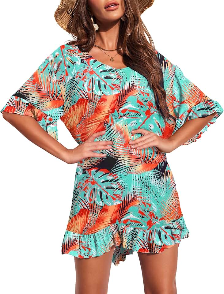 Women's V-Neck Beach Cover-Up with Ruffle Sleeves