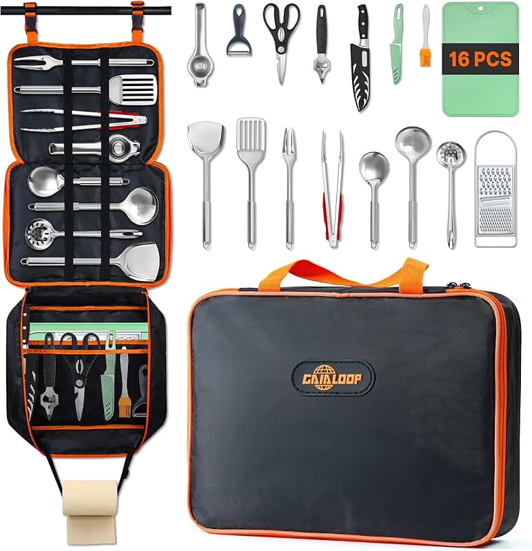 Camping cooking utensils set with stainless steel and silicone