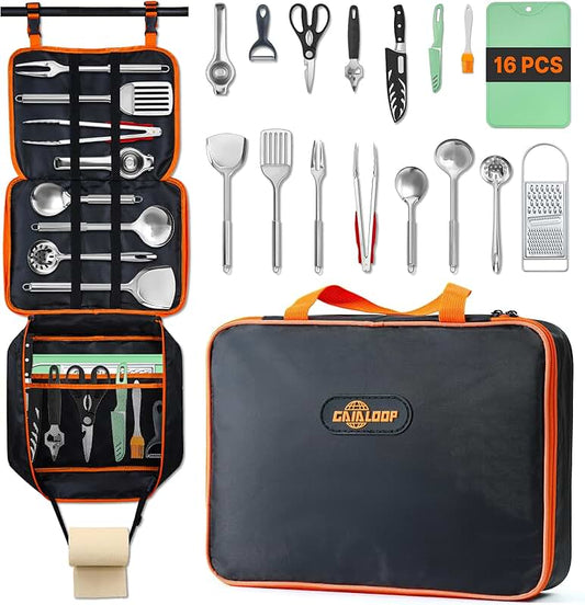 Camping cooking utensils set with stainless steel and silicone