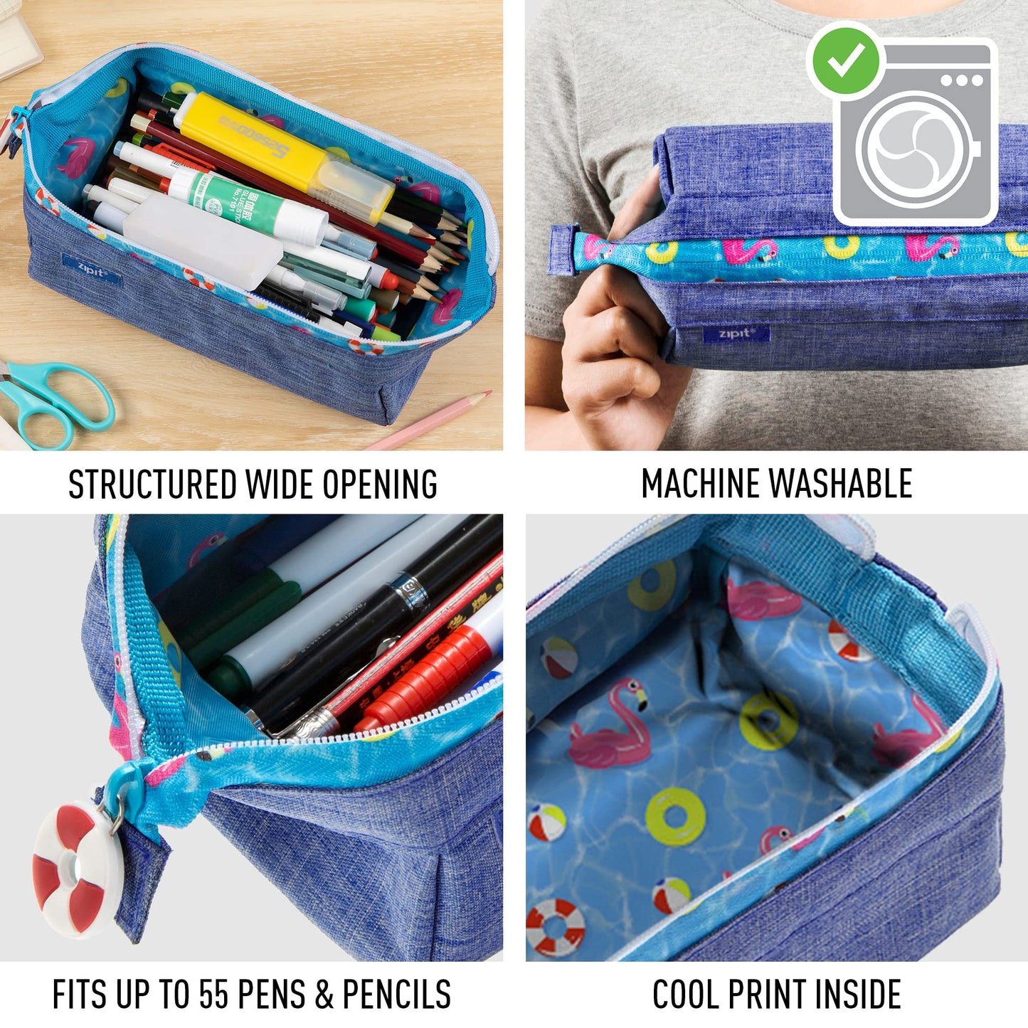 Large teal pencil case with zipper for school and stationery