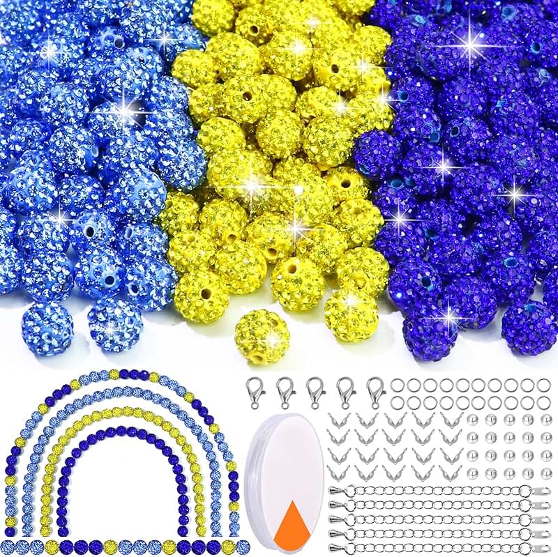 Set of 255 10mm Rhinestone Beads in Blue, Yellow, Ice Blue