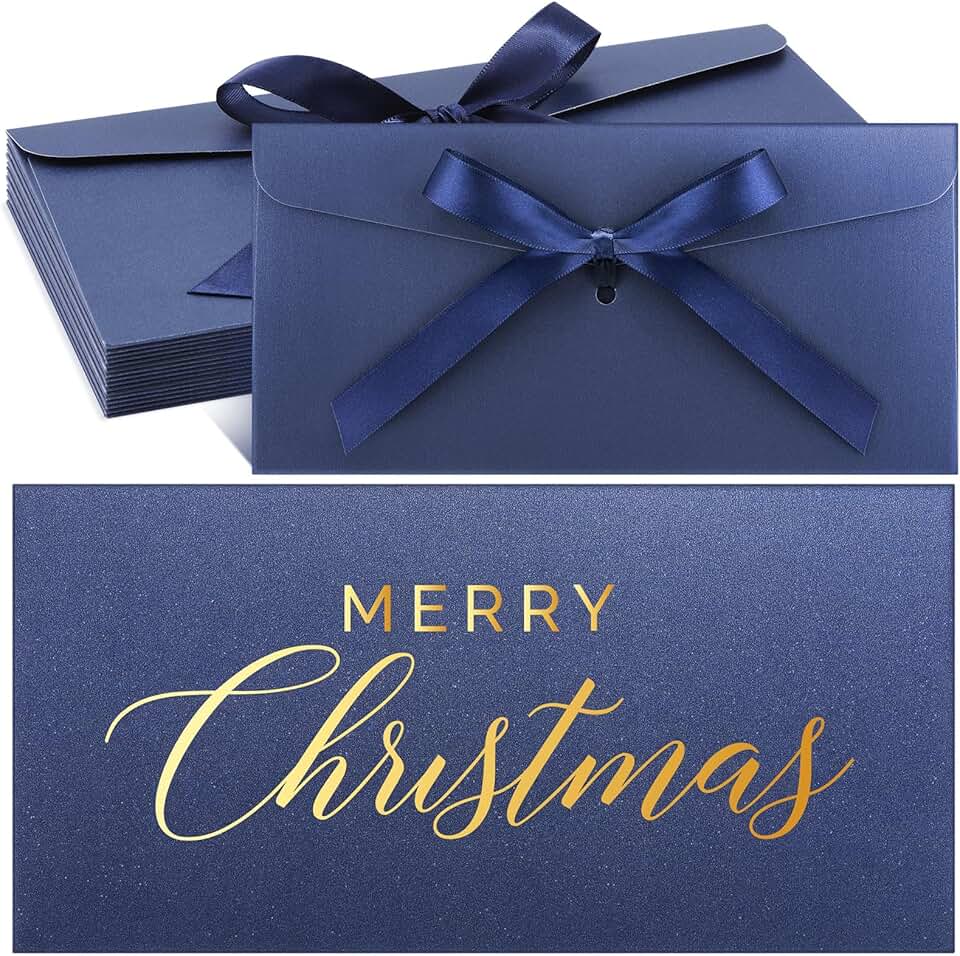 12 Metallic Christmas Cash Envelopes with Bow, Navy Blue