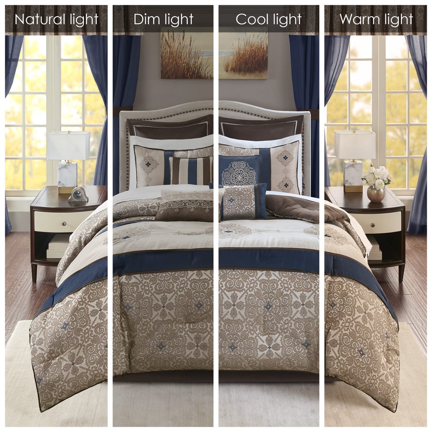 Essentials Delaney 24-Piece Room In A Bag Comforter Set- Jacquard All Season Bedding, Sheets, decorative pillows and Curtains, Valance, King 104 in x 92 in), Medallion Navy