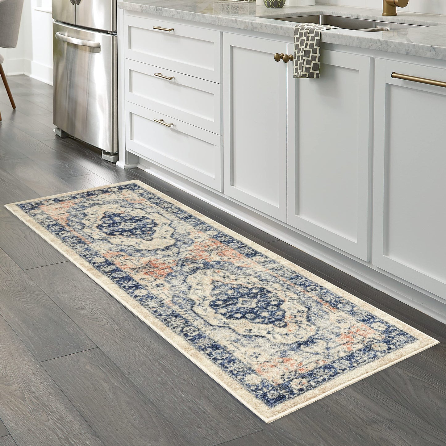 Caprice Boho Medallion Hallway Entryway Non Skid Runner Rug Made in USA], Blue, 2' x 6'