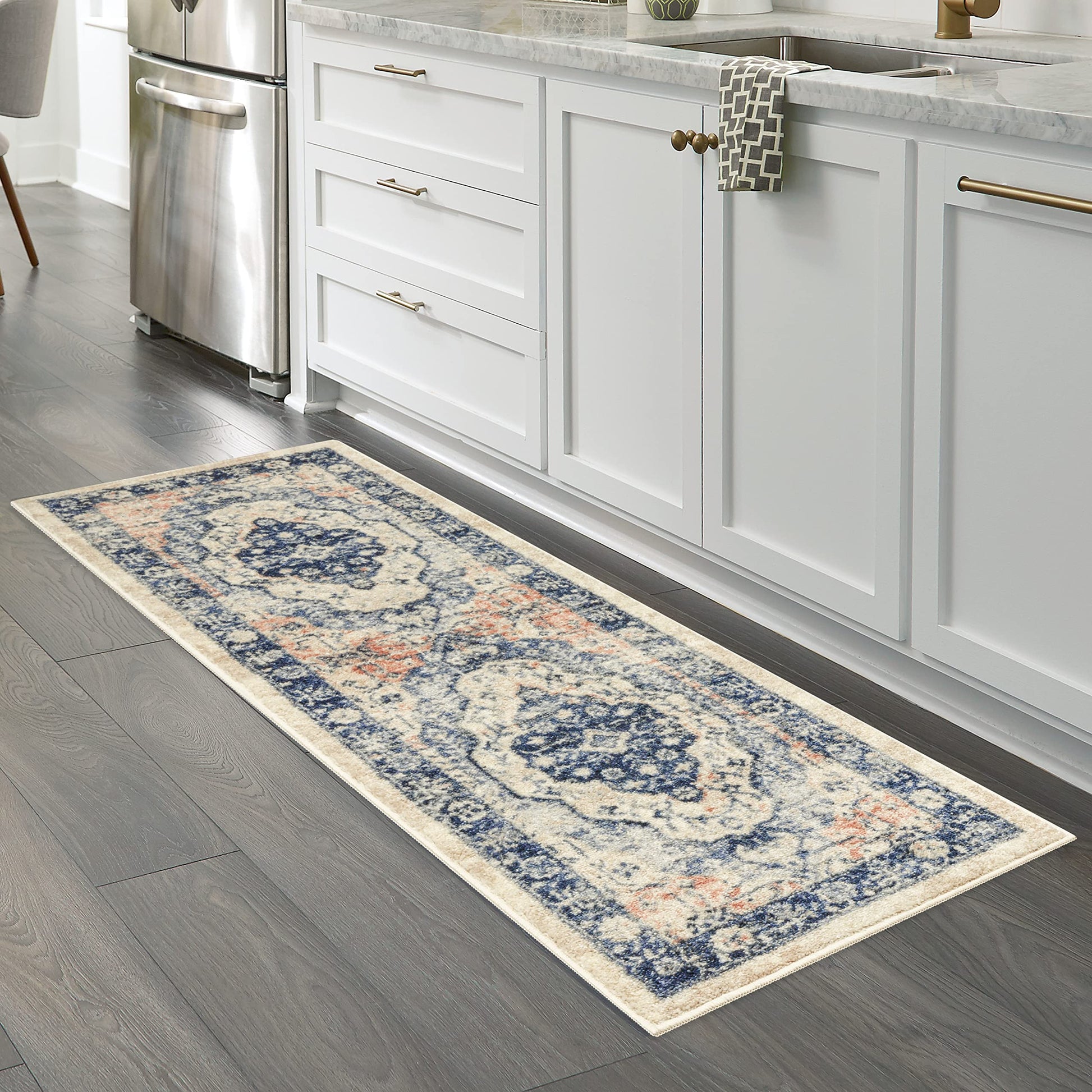 Caprice Boho Medallion Hallway Entryway Non Skid Runner Rug Made in USA], Blue, 2' x 6'
