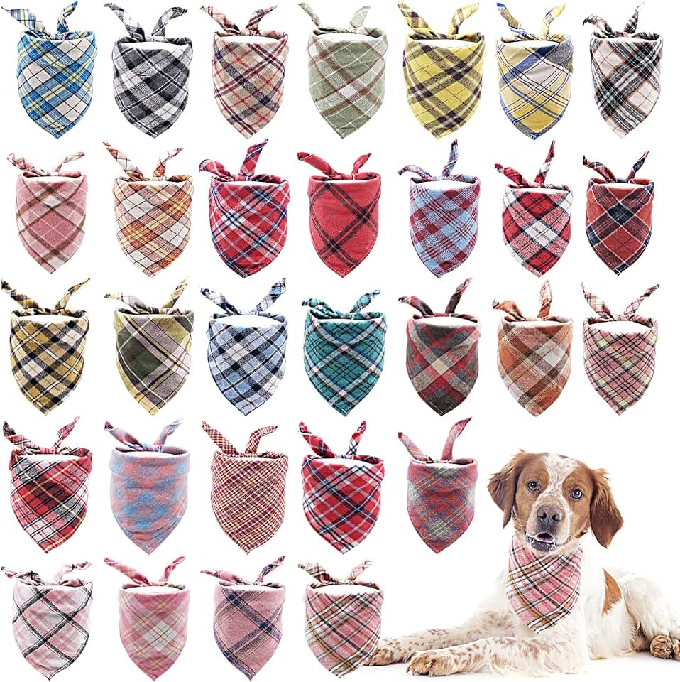 100 Pack Cotton Dog Bandanas in Plaid Patterns