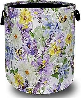 Purple flower and butterfly foldable laundry basket with handles