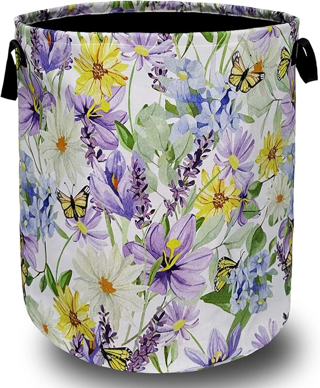 Purple flower and butterfly foldable laundry basket with handles