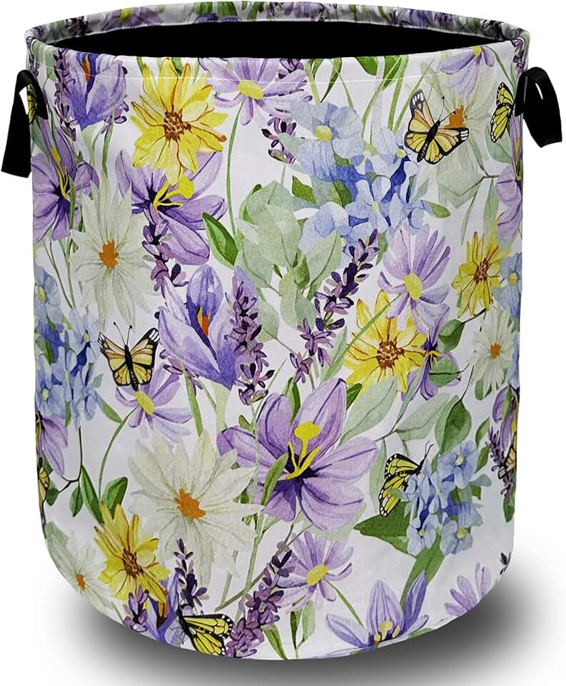 Purple flower and butterfly foldable laundry basket with handles