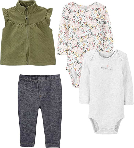 Baby girls' 4-piece bodysuit and vest set