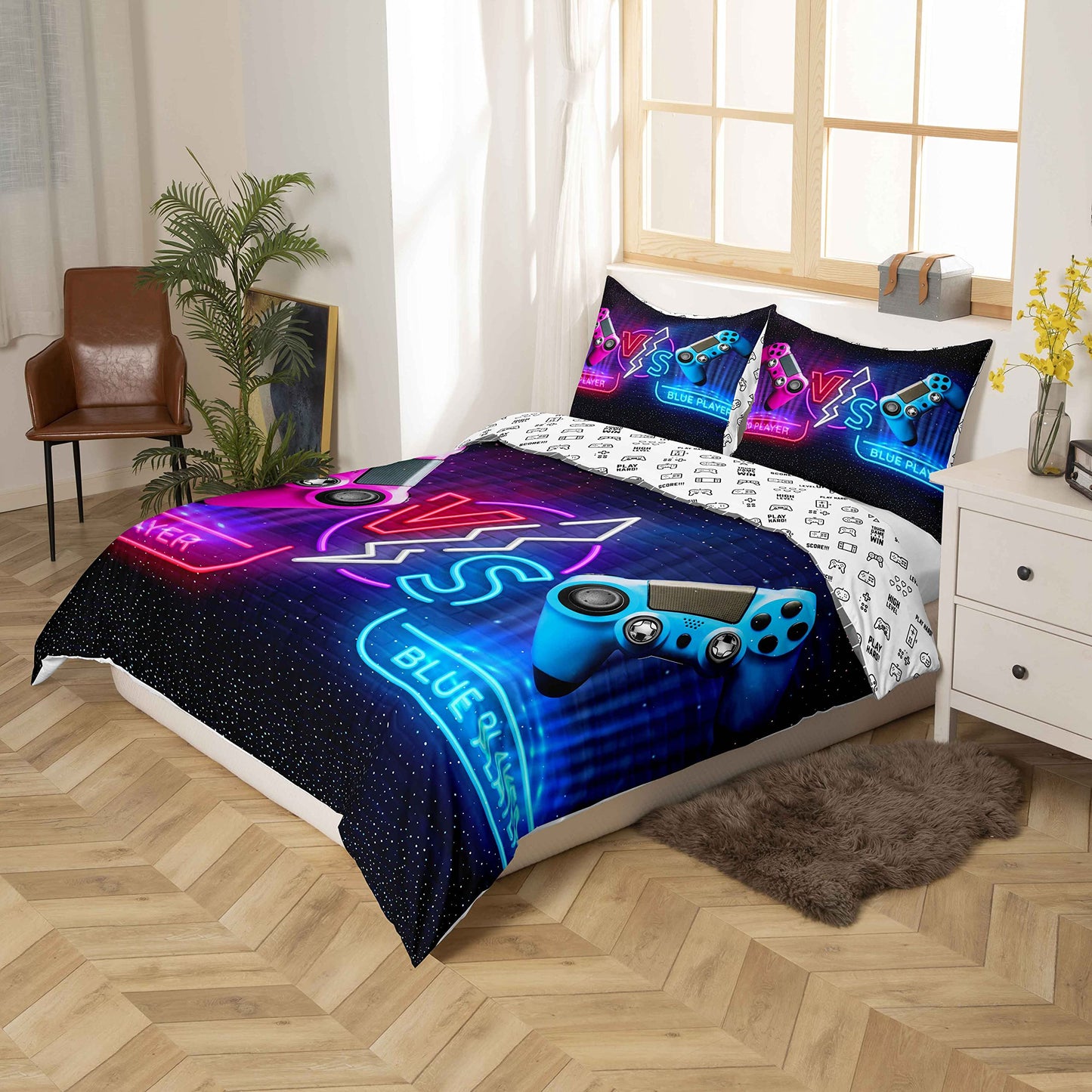 Game Comforter Cover Set Game Player Battle Duvet Cover for Kids Boys Teens Blue Red Video Game Gamepad Bedding Set Game Controller Bedspread Cover Bedroom 3Pcs King Size