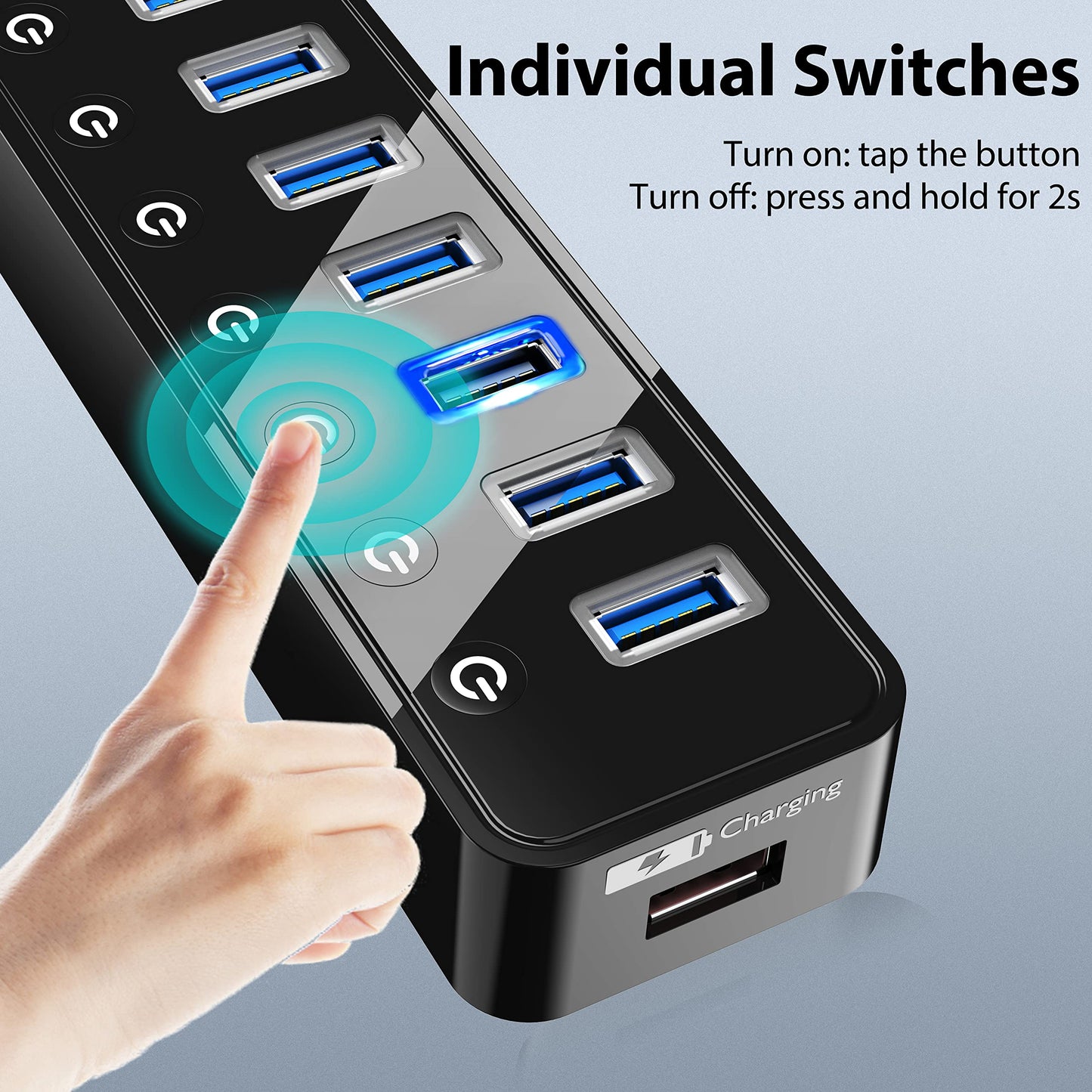 USB Hub 3.0 Powered, 7 Ports USB Data Hub Splitter with One Smart Charging Port and 5V/4A Powered Adapter and ON/Off Switches for MacBook, Mac Pro/Mini, iMac, Surface Pro Laptop/PC