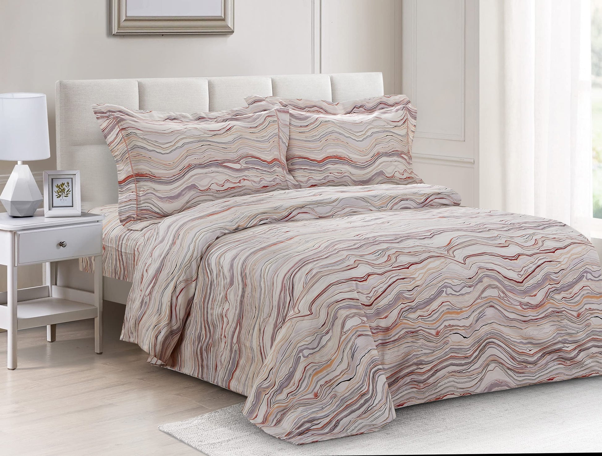 French Multicolor Abstract Marble Pattern, Ultra Soft 200 Thread Count Cotton Percale, Multi, Twin 39-inch, 6 Piece Duvet Set, Bedding Duvet Cover Set for Two Beds