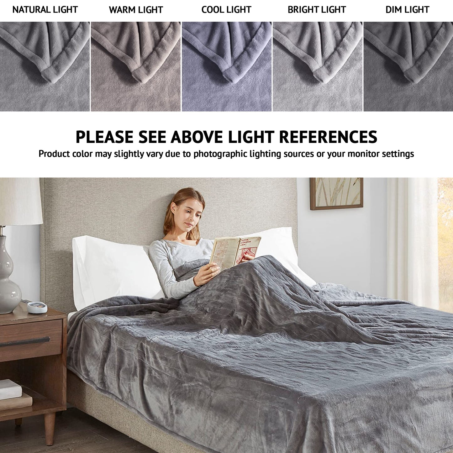 Plush Electric Blanket for Cold Weather, Fast Heating, Auto Shut Off, Virtually Zero EMF, Multi Heat Setting, UL  Machine Washable, Grey King 90 inx100 in)